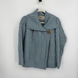 Aran Woollen Mills Patchwork‎ One Button Collar Cardigan blue 100% merino wool L